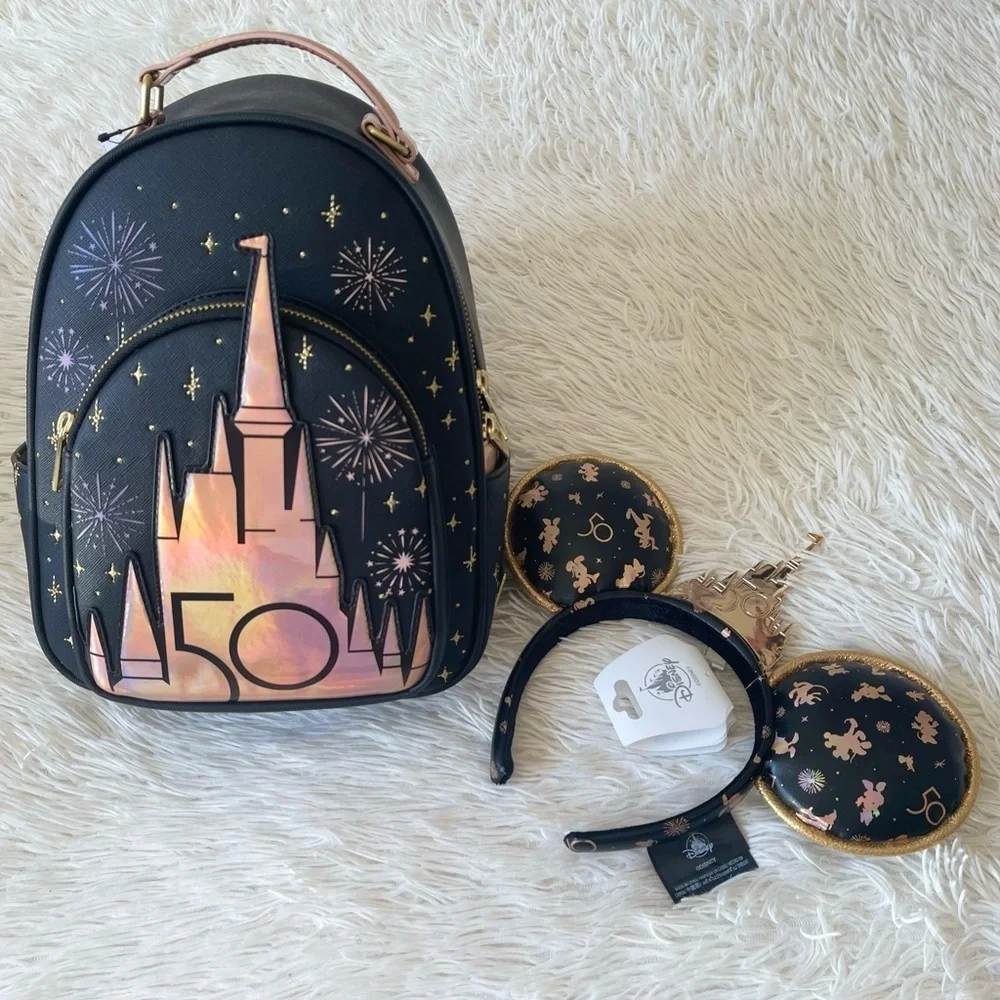 WDW 50TH ANNIVERSARY Collection Matte Black & Rose Gold Castle Mini Backpack